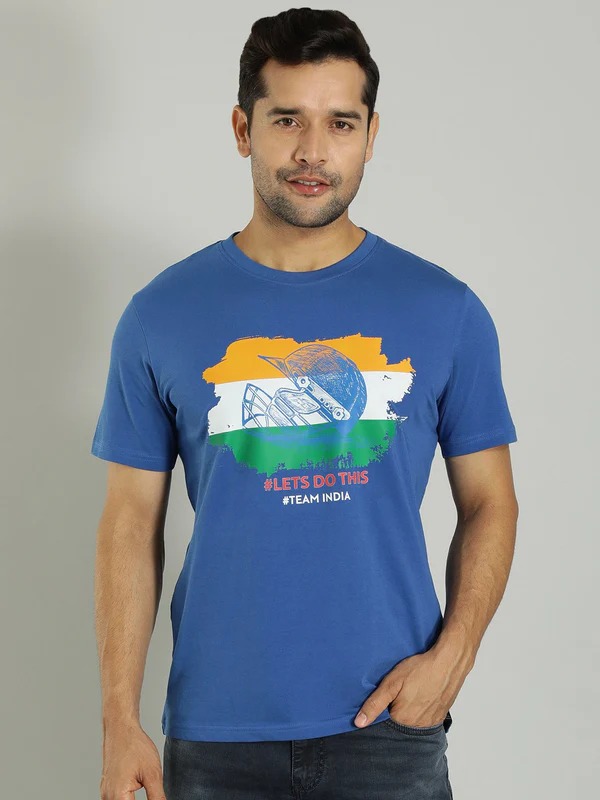 Indian Terrain Men's Half Sleeve Regular Fit Blue Round Neck T-Shirt